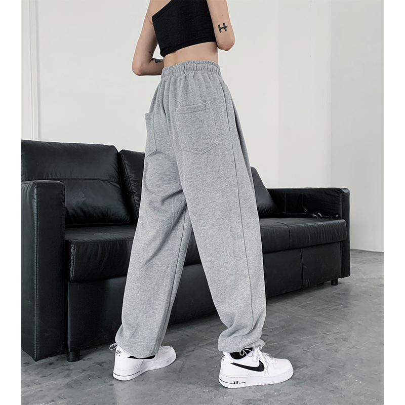 suntek灰色运动裤女长裤子春秋韩版高腰束脚裤宽松阔腿直筒裤休闲裤