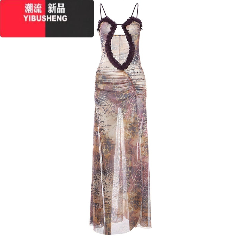 YIBUSHENG## 法式庄园暗夜设计感镂空吊带裙女 收腰显瘦连衣裙