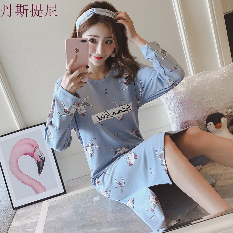 睡裙女纯棉中裙韩版长袖加大码睡衣网红中长款家居服春秋季可外穿