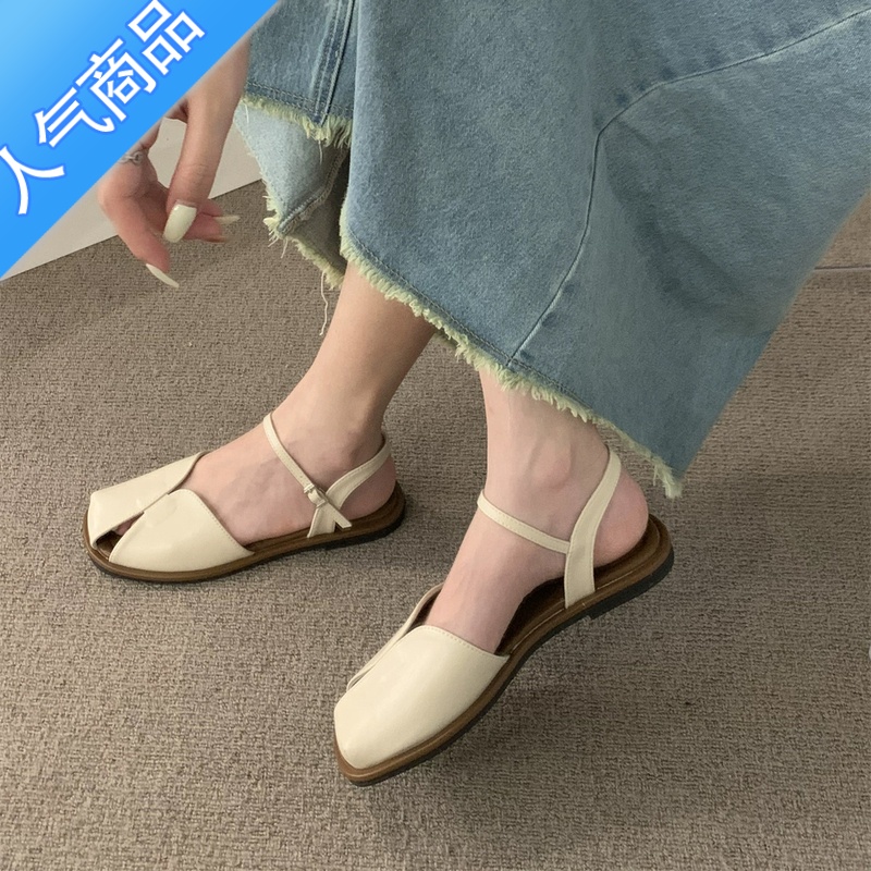 SUNTEK包头凉鞋女2023年新款夏季韩版森系复古仙女风休闲软平底罗马鞋子高清大图