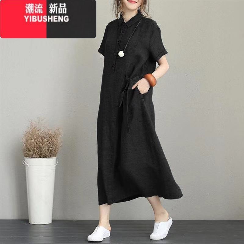 YIBUSHENG洋气宽松棉麻短袖连衣裙女文艺大码减龄显瘦中长款亚麻衬衫长U M建议105-120斤 黑色