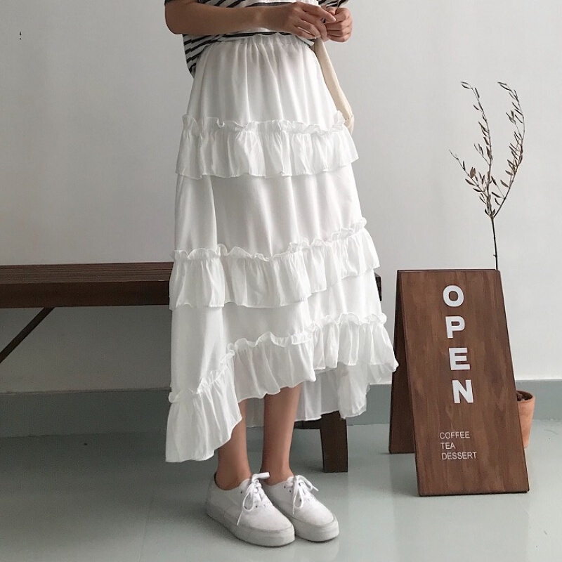 裙子2018夏装新款韩版百搭纯色裙高腰显瘦荷叶边裙半身裙女装白色清新均码