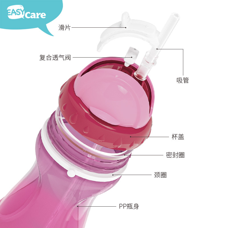 easycare伊斯卡尔安全儿童水壶婴儿吸管杯防漏喝水杯宝宝学饮杯450ml粉色