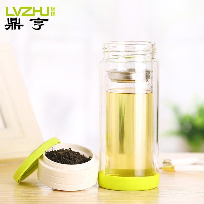 鼎亨耐热双层玻璃杯便携带盖杯子无铅过滤茶杯水晶带茶隔水杯B652
