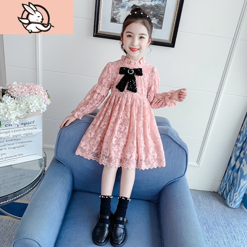 huayangtu女童连衣裙秋冬加绒洋气女孩冬装新款裙子儿童冬款碎花蕾丝