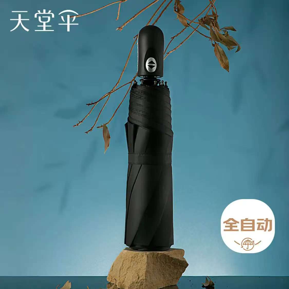 天堂 全自动晴雨伞 三折 8骨加固黑胶防晒一键开收易甩干简约 黑色 1把