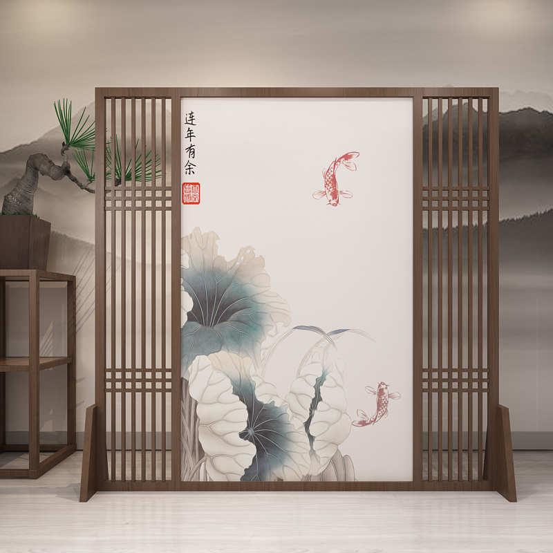 bonjean新中式屏风隔断客厅玄关格栅镂空酒店山水装饰办公室实木定制