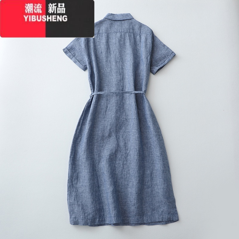 YIBUSHENG季新款2023大码宽松日系棉麻短袖连衣裙女士系带收腰显瘦衬衫裙