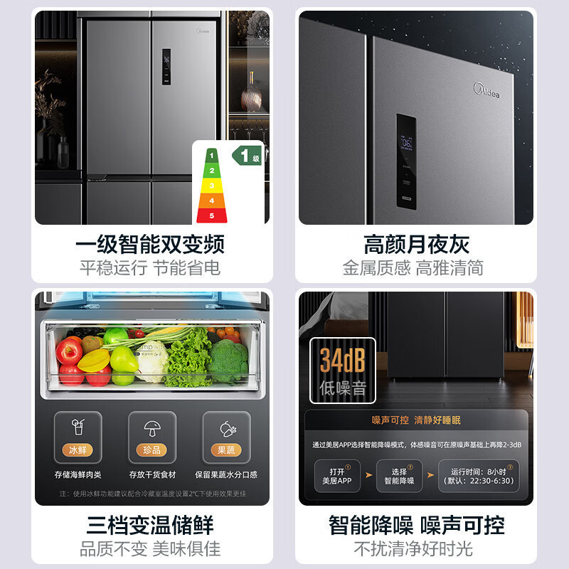 美的407升61cm超薄十字对开门四门嵌入多门电冰箱一级变频无霜净味超低音智能省电 BCD-407WSPZM(E)月夜灰高清大图