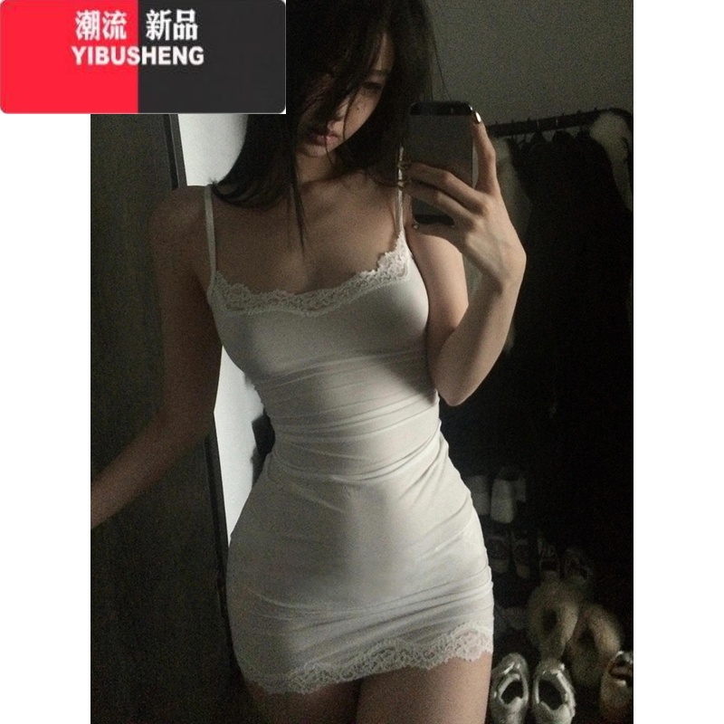 YIBUSHENG纯欲风性感蕾丝边吊带连衣裙女季辣妹风情万种收腰显瘦包臀短臀 L 白色短裙