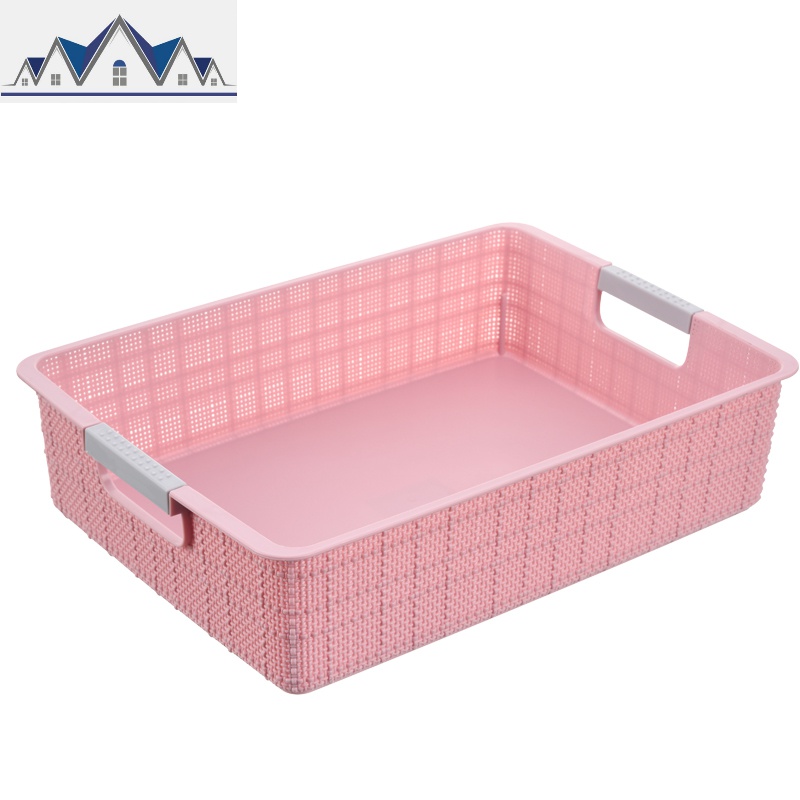 仿麻布纹塑料收纳筐长方形桌面收纳篮子置物篮厨房浴室杂物收纳框 三维工匠 麻布纹（矮款大号）粉色