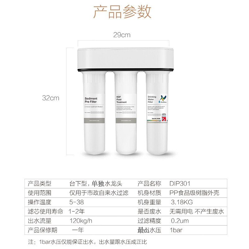 英国Fairey道尔顿DoultonDIP301家用厨房净水器+前置过滤器BFS1-100全屋入户过滤 正品
