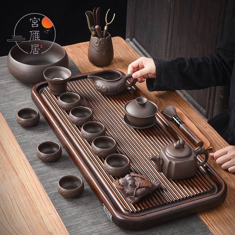 宫雁居紫砂功夫茶具套装家用胡桃色排水式茶海茶盘茶具现代简约中式