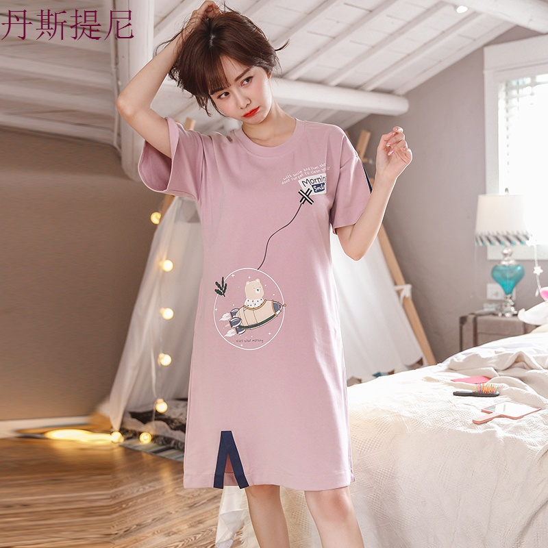 带文胸垫睡衣女夏季睡裙纯棉短袖薄款韩版少女款宽松家居服可外穿