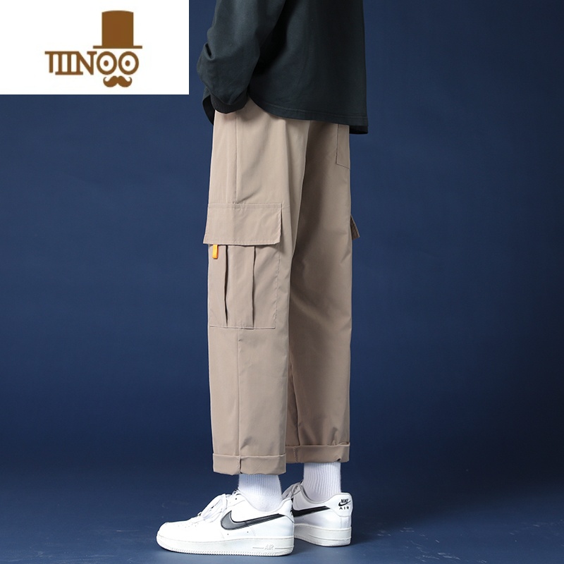 YANXU卡其工装男裤薄款潮牌宽松直筒裤男生潮流百搭休闲运动九分裤高清大图
