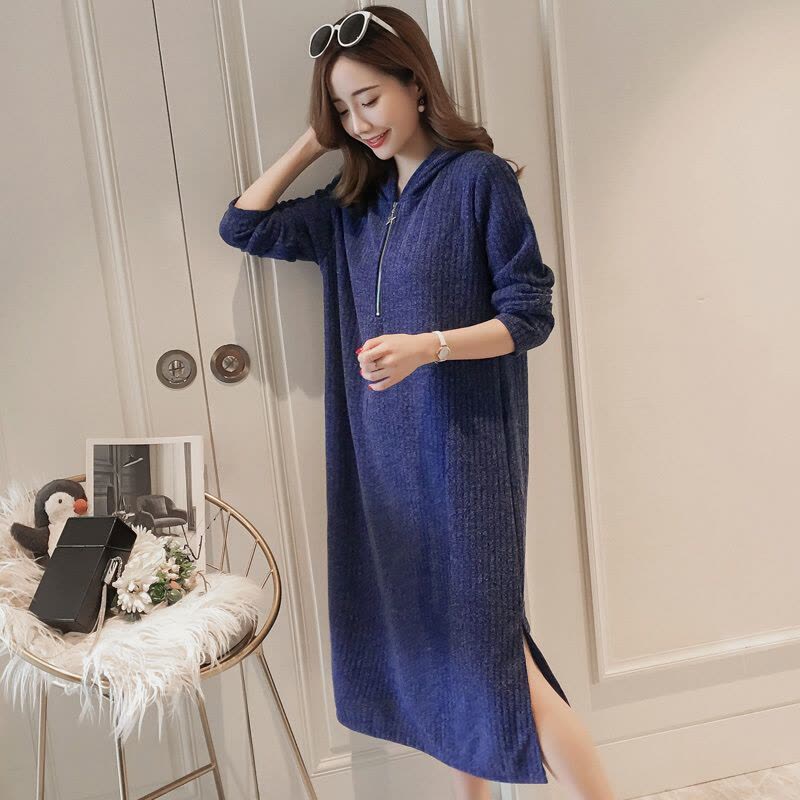 迪鲁奥(DILUAO)孕妇裙子秋季时尚宽松外出A字裙连帽中长款针织打底秋孕妇连衣裙图片