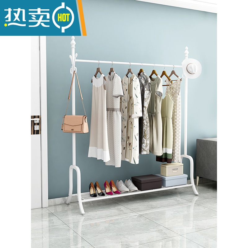 敬平衣架落地卧室内单杆式凉衣架家用收纳置物架挂衣架简易晒晾衣架子 双置物板加高款120*170白色(双重收纳更多东西)高清大图