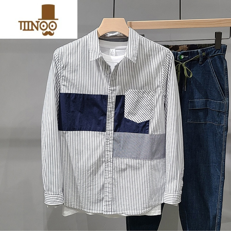 YANXU灰色条纹长袖衬衫男秋款百搭港风日系撞色拼接潮流休闲宽松衬衣