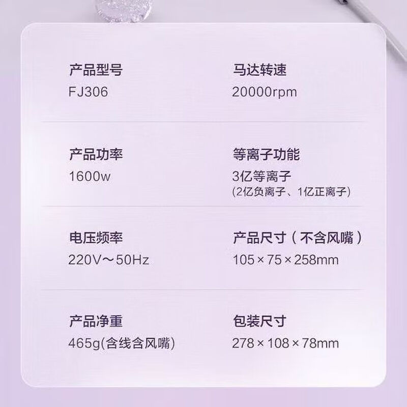 美的(Midea)家用护发负离子吹风机 FJ306极光紫高清大图