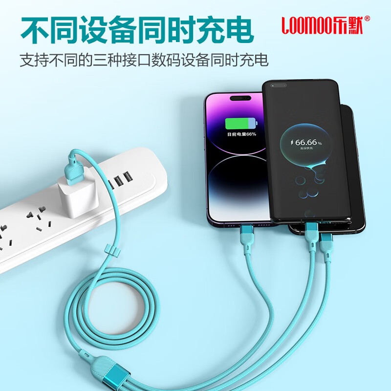 乐默(LOOMOO) 一拖三斜纹编织线LCB-321 适用安卓Type-c苹果小米/华为数据线三合一高清大图
