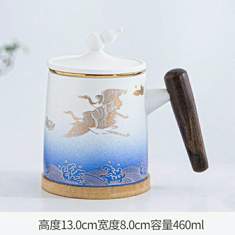 刻字木柄水杯家用办公杯茶水分离杯带盖过滤男女专用泡茶马克水杯 禅悟-办公杯蓝