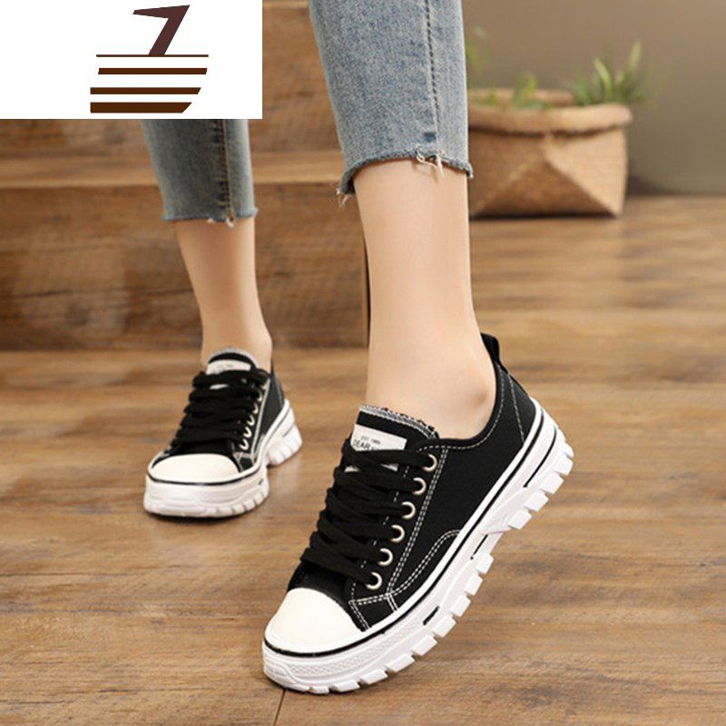 尗卡百搭基础小黑鞋女平底帆布鞋女2020新款韩版学生黑色休闲运动板鞋