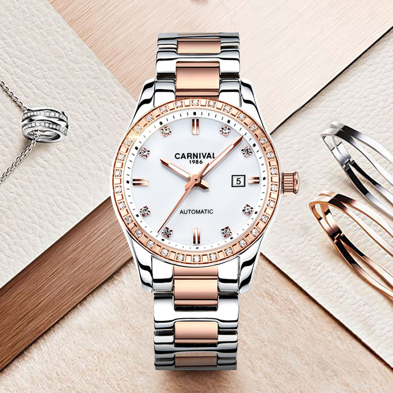 瑞士嘉年华Carnival手表新款全自动机械表 女表时尚钢带潮流夜光防水女士镂空水钻名表时装腕表魅力玫金8685高清大图