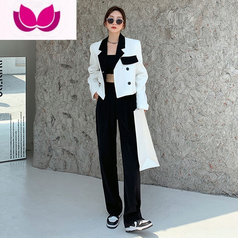 七斓炸街短款小西装套装女秋2023新款黑白撞色西服上衣长裤休闲套高清大图