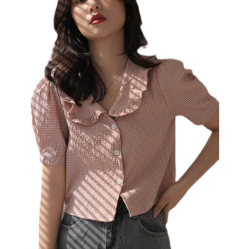 2022夏天主推款文艺洋气木耳边格子短袖复古褶皱衬衫