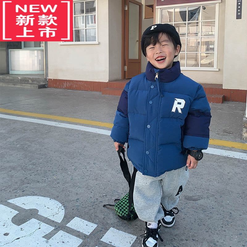 可莉允小小郑童装儿童棉衣宝宝字母拼接蓝色短款厚实暖和男童棉服外套图片