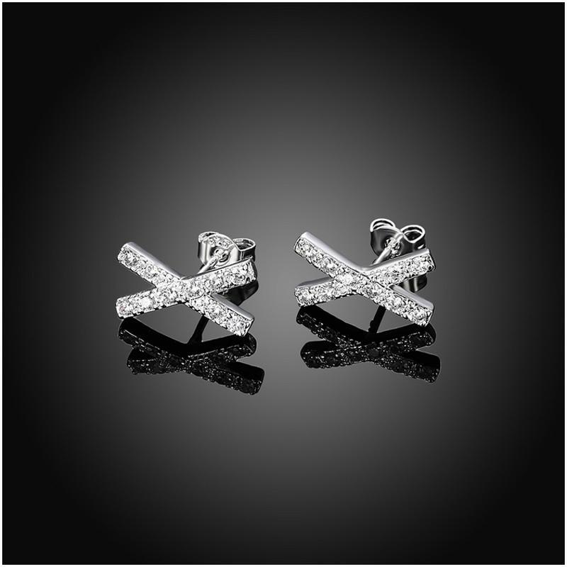E772Women Silver Earrings 镀925纯银精致X水晶日韩版女耳钉耳环送女朋友七夕情人节礼物