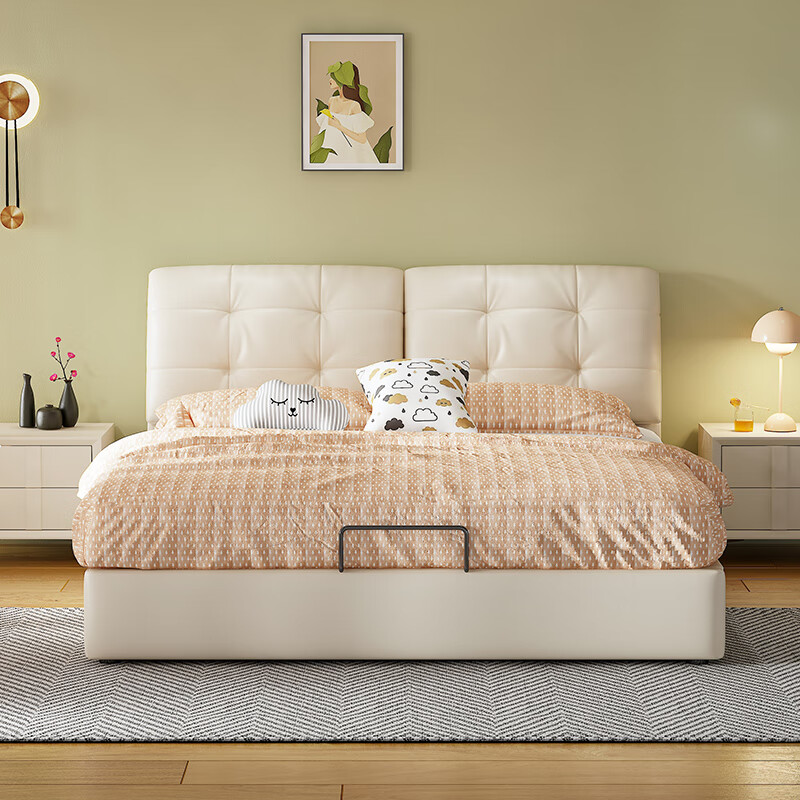 奶油风真皮床轻奢现代简约双人床ins风婚床意式主卧真皮储物大床高清大图