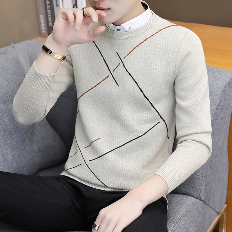 假两件毛衣男士秋装上衣男装v领打底衫潮流衣服衬衫领针织衫秋季