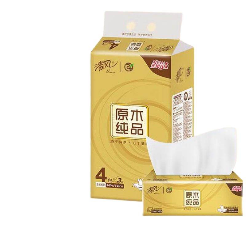 清风 金装抽纸 3层 110抽一提四包6提装 纸品 卫生纸餐巾纸家用纸巾