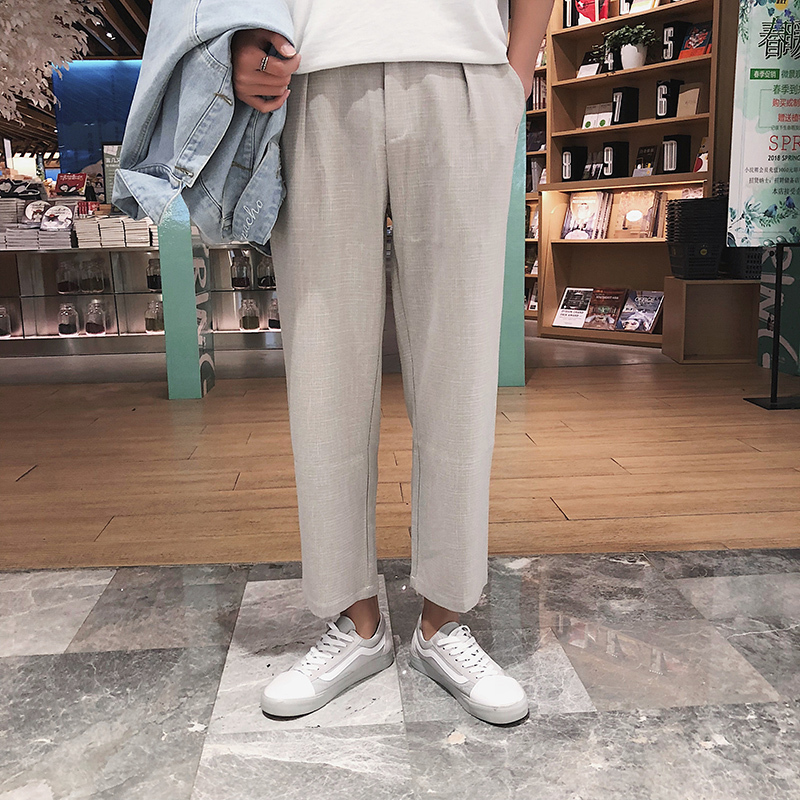 夏款透气舒适亚麻男九分男休闲裤阔腿裤男韩版宽松9分裤休闲裤