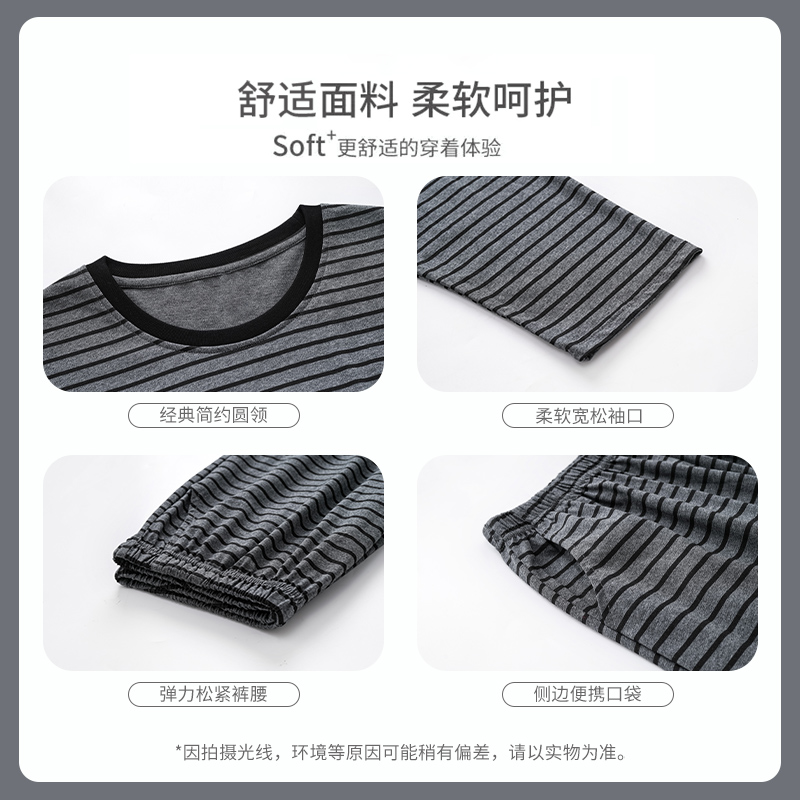 浪莎睡衣女士春秋款纯棉长袖带胸垫简约时尚条纹大码可外穿家居服高清大图