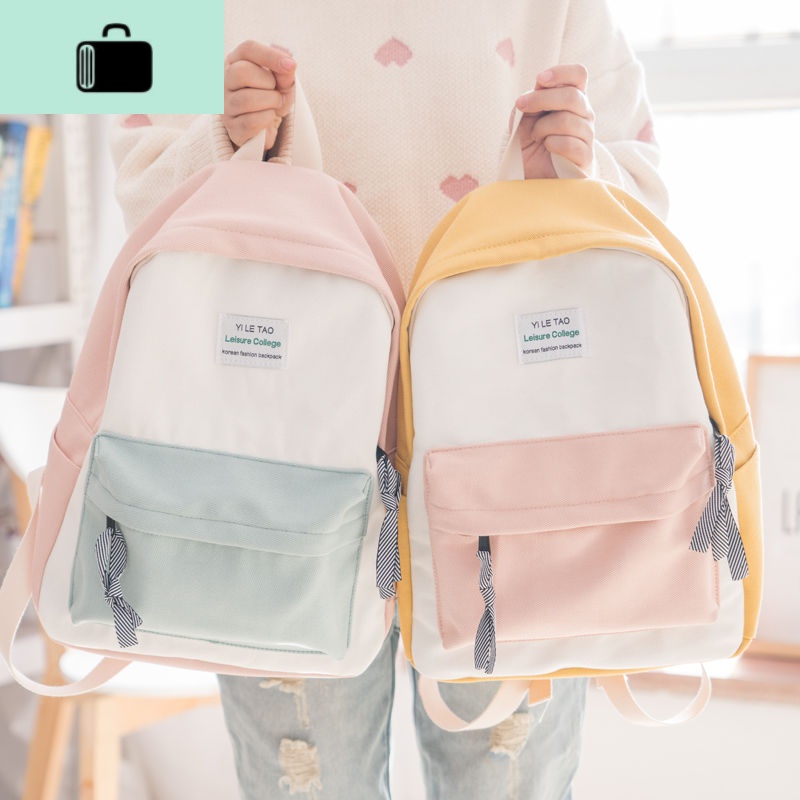 帆布双肩包女韩国新款学院风潮简约百搭学生书包森系撞色背包NEW LAKE高清大图