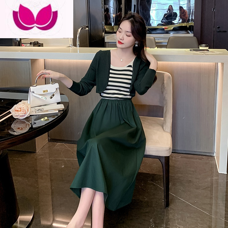 七斓法式高级感时尚套装女秋季新款条纹拼接吊带连衣裙针织开衫套