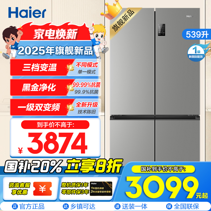 海尔(Haier)539L大容量三档变温黑金净化一级双变频WIFI智能联网旗舰新品 BCD-539WGHTDEDH9U1