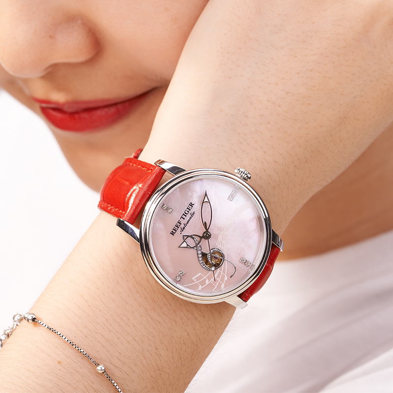 瑞夫泰格(REEF TIGER)品牌手表全自动机械表女表进口机芯时尚防水镂空潮流女士时装表LOVE系列音符GRA1550 本色粉面红皮