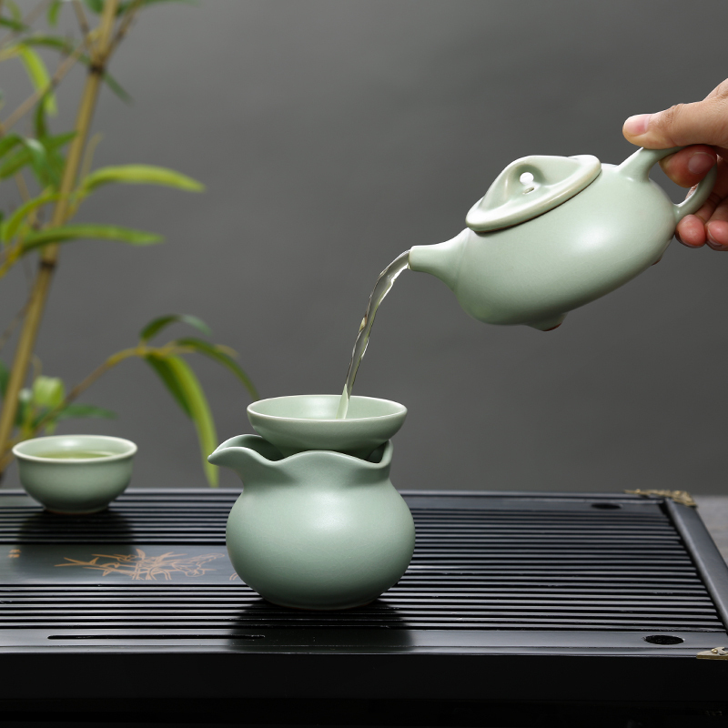 常生源 功夫茶具套装实木茶盘仿宋汝窑茶壶茶杯泡茶炉整套 幽雅石瓢套组
