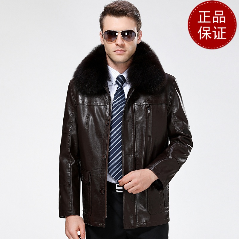 免费试穿 中老年爸爸装外套皮衣带狐狸毛领皮夹克40-50-60岁加绒加厚大口袋2024冬装新款外套潮海宁软皮夹克大码男装高清大图