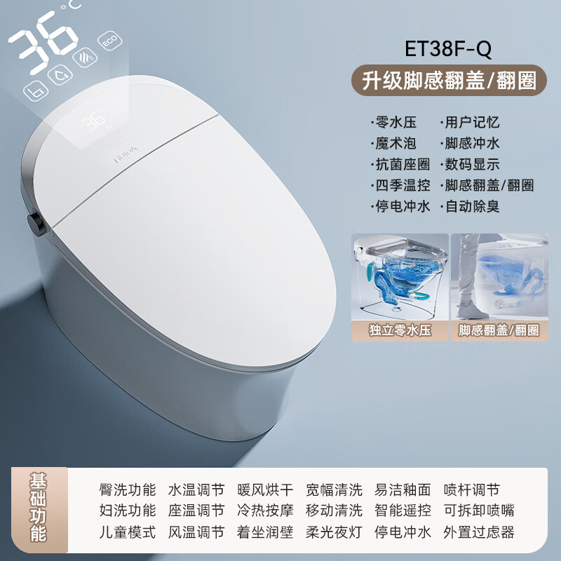 惠达(HUIDA)-ET38-Q/ET38F-Q智能马桶坐便器翻圈翻盖零水压限制一体式自动冲洗抗菌泡沫盾高清大图