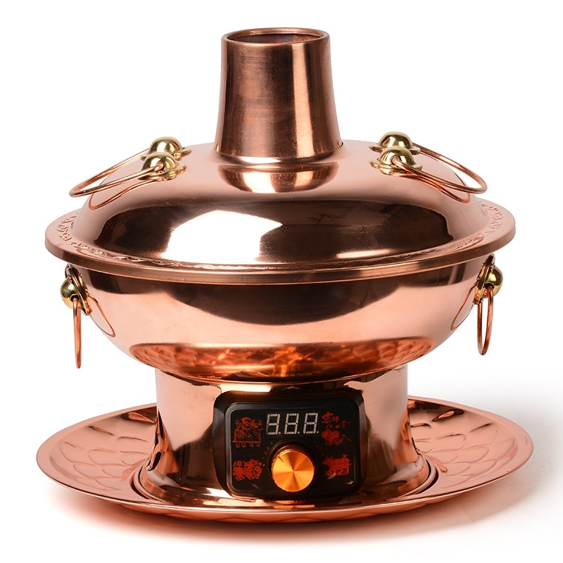 单氏紫铜电碳两用铜锅加厚鸳鸯铜插电铜火锅黄铜纯火锅