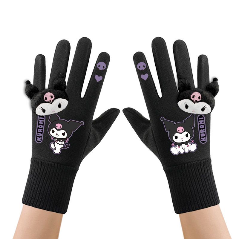 素版手套女黑均码库洛米联名手套女生可爱冬季加绒保暖黑色可触屏jk