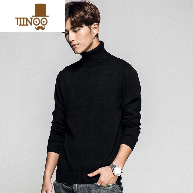YANXU冬季可翻高领毛衣男内搭长袖韩版修身纯色打底针织衫 黑色 M