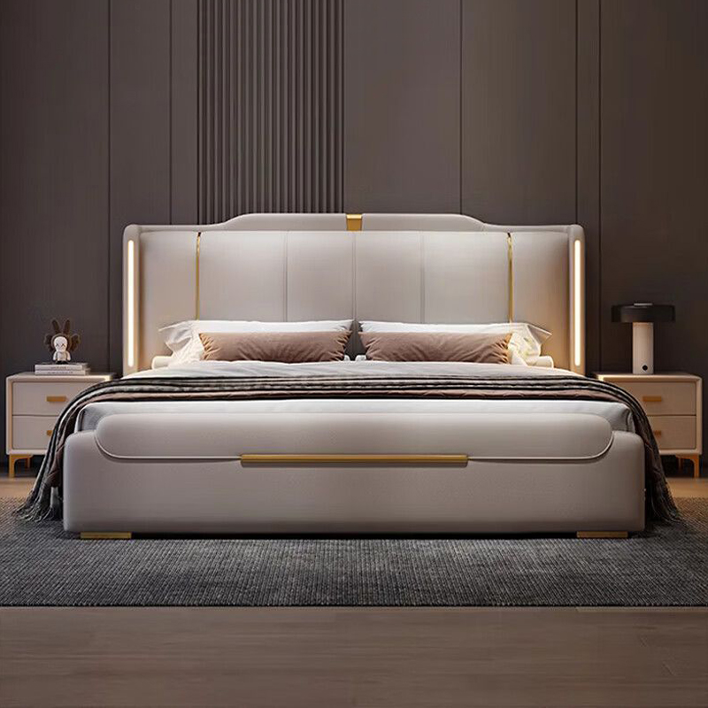 意式真皮床轻奢现代简约双人床主卧室带灯婚床家用软包实木储物床高清大图