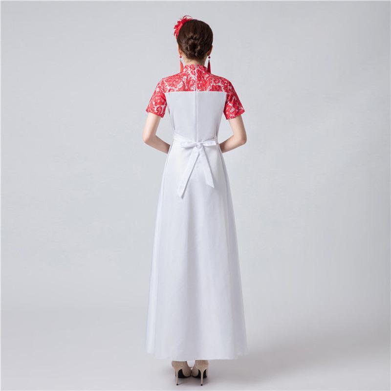 中国风礼服大合唱团演出服女长裙成人中老年学生朗诵古筝表演服 红色长款 S [26码]