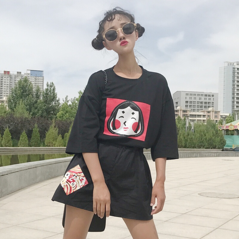 韩版时尚休闲套装春夏女装宽松短袖卡通打底衫T恤上衣+短裤两件套黑色套装均码