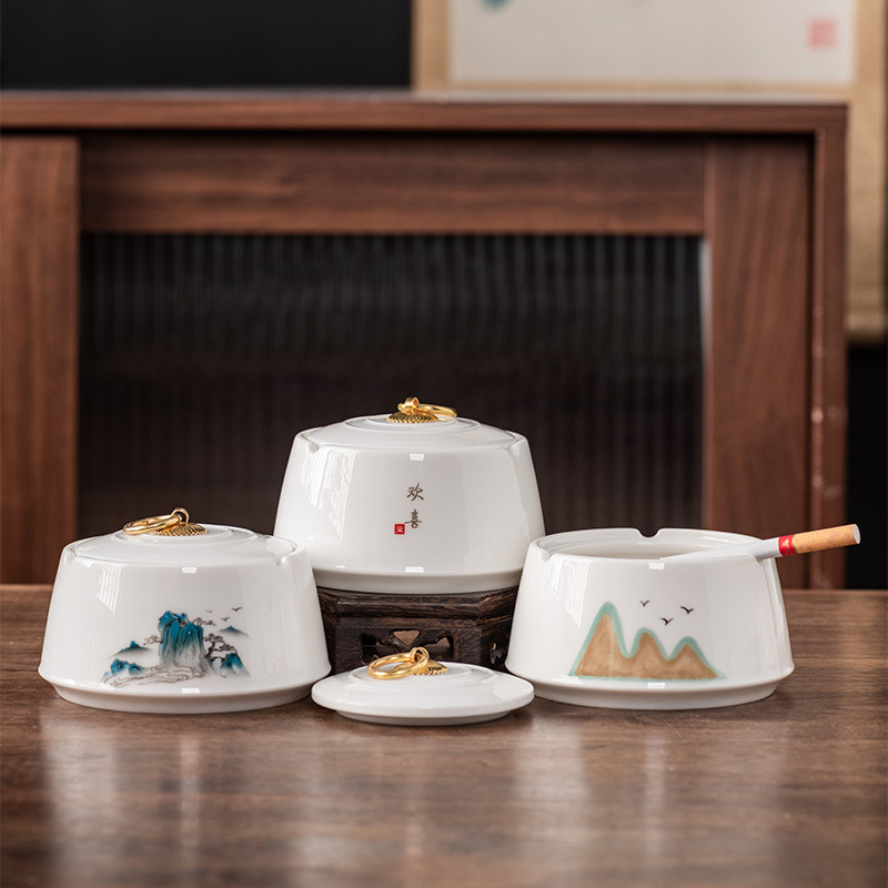 羊脂玉陶瓷烟灰缸中式带盖轻奢个性潮流办公室客厅家用防飞灰高档-玉瓷/烟灰缸-舍得